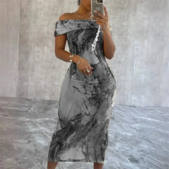 Lunivop Tie Dye Printing Bodycon Midi Dresses for Women Elegant Off the Shoulder Slash Neck Slim Fit Party Dress Holiday