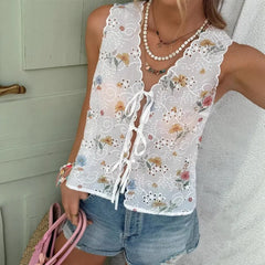 Lunivop New Fashion Popular Euramerican Elegant Flower Print Sleeve Shirts Y2k High Street All Match Hollow Out Thin Lace Up Clothes