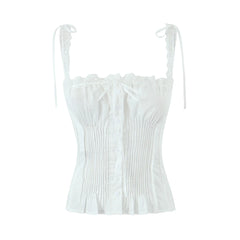 Lunivop White Spliced Lace Slash Collar Ribbon Bow Strap Summer Corset Women Summer Tank Tops Pleated Slim Through Buttons Crop Top