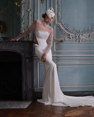 Lunivop High O-neck Pearls Long Sleeve Mermaid Dress Floor Length See Through Women White Bridal Satin Dresses Custom Made Wedding Gown