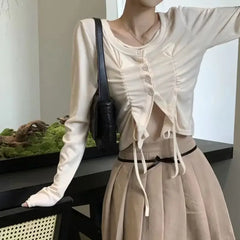 Lunivop Solid Tshirts Long Sleeve Slim Waist Y2k Korean Camisetas Irregular Drawstring Women Crop Tops Folds Tees O Neck Bandage Elegant