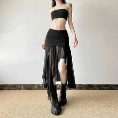 Lunivop Vintage Sexy Slit Skirt Women Y2k Elegant Irregular Sweet Ruffle Skirts Korean Style Tulle Streetwear Layered Skirts