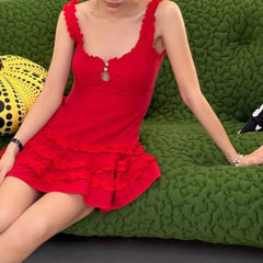 Lunivop French Style Fungus Edge Red Sleeveless Dress Women O Neck A-line Slim Summer Short Dresses Holiday Robe Tank Vestidos