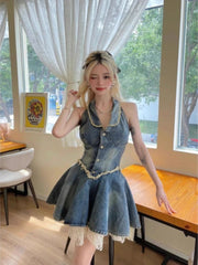 Lunivop Y2k Vintage Blue Vest Dress for Women Lace Patchwork Halter Camisole Dresses Summer New Slim Waist Vestidos Mujer