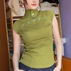 Lunivop Euramerican Vintage Stand Collar Temperament Blouse Y2k Aesthetic Spliced Buttons Design Slim Fit Women Clothes French Punk Tops