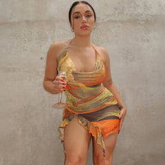 Lunivop Bohemian Tie Dye Print Halter Hollow Out Tassel Backless Short Dress Sumemr Casual Clotehs Vacation Beachwear Streetwear