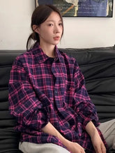 Lunivop Oversize Retro Plaid Shirts Women Casual Long Sleeve Vintage Korean Blouse Spring Loose Letter Pocket Harajuku Bf New Tops