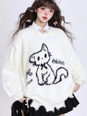Lunivop Kawaii Hole Sweet Sweaters Women Vintage Faux Mink Cashmere Cartoon Knitted Jumper Preppy Style Cute Japan Lazy Wind Tops