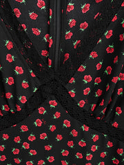 Lunivop Retro French Style Spliced Lace Deep V neck Black Red Flower Print Women Midi Dress Puff Sleeve Tea Dresses Holiday Robe