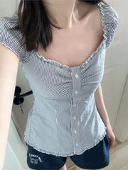 Lunivop Blue Striped Folds Blouse Top Women New Casual Single Breasted Ruffle Sleeveless Tank Tops Vest Sweet Preppy Style Camisole Y2K