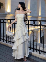 Lunivop Prom Gown Soid Zipper Tiered Shooulder Memaid Dresses Spring Summer French Elegant Luxury Sling Dress Chic New Vestidos