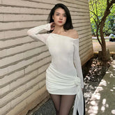 Lunivop See Through Floral Pattern Ruched Asymmetrical Long Sleeve Elegant Dress Y2K Streetwear Korean Casual Clothing