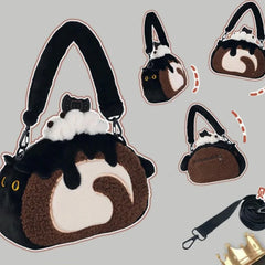 Lunivop Plush Circular Black Cat Hand Bag Women New Retro Creative Cute Handheld Y2k Messenger Bag Ladies Casual Crossbody Bags