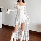 Lunivop Goth Dark Fairycore Lace Flare Sleeve Square Neck A-line Dress Sweet E-girl Irregular Long Hem Dresses Cyber Y2K Party Vestido