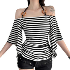 Lunivop Euramerican Chic Fashion Vintage Halter Beading T Shirts Y2k High Street Flare Sleeve Summer Clothes Harajuku Casual Striped Top