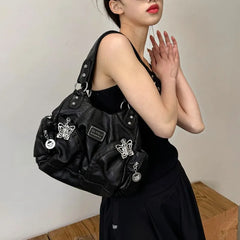 Lunivop Retro Black Messenger Bag Purse Women Subculture Hot Girls Butterfly Leather Y2k Handbag Female Vintage Crossbody Bags