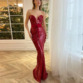 Lunivop Fashion Burgundy Sequined Mermaid Evening Dresses Strapless Sweetheart Sparkle Sequins Party Gowns Arabic Women Vestidos