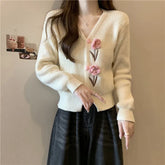 Lunivop Flower Applique Knit Cardigan Autumn Winter Women Cardigan Sweater Coats Long Sleeve Crop Knitted Jackets Cute Outfit