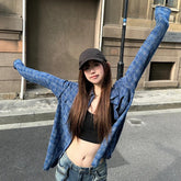 Lunivop Polo Collar Contrast Color Plaid Loose Casual Long-sleeved Shirt Women Summer New High Street Fashion Frayed All Match Tops