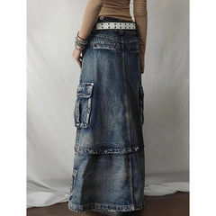 Lunivop Autumn Women Blue Denim Pocket Half Body Skirt High Waist Casual Korean Mid Length Baggy Vintage Straight Denim Long Skirt