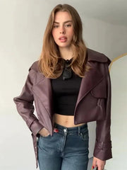 Lunivop Casual PU Leather Cropped Short Jackets Women Chic Solid Turn-down Collar Jacket Female Autumn Loose Moto-biker Streetwear Tops