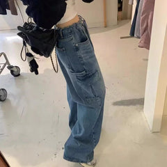 Lunivop High Street Lace-up Pleated Distressed Casual Jeans Women Summer New Korean Multi-pocket Loose Washed Denim Cargo Pants