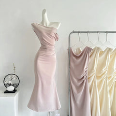 Lunivop Summer French Slim Dress Women Casual Sleeveless Slant Shoulder Dress Evening Party Elegant One Piece Dress Korean Fashion