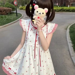 Lunivop Summer Kawaii Lolita Dress Women Sweet Cherry Print Lace Ruffles Patchwork Plaid Party Mini Dresses Female Cute Princess Dress