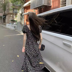 Lunivop French Floral Dress for Women in Spring and Summer New Black High-end Slit Long Skirt Temperament Design Niche Tea Break