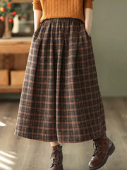 Lunivop Faux Woolen Plaid Long Skirts Women Loose Vintage Fall Winter A Line Skirt Casual High Waist Japan Harajuku Warm Long Skirt