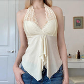 Lunivop Elegant Solid Lace Stitching Crop Top Cute Loose V-neck Sleeveless Halter Tees Vintage y2k Summer Backless Irregular Tees