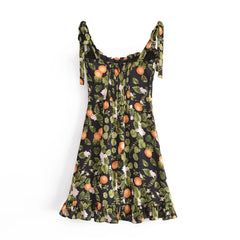 Lunivop Retro French Black with Green Leaves Floral Print Mini Dress Sexy Women Wood ear Ruffles Hem Tide Bow Strap Sling Holiday Robe
