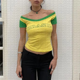 Lunivop Y2k Millennial Style One-Shoulder Letter Print Sexy Strapless Slim Short Sleeve T-Shirt Street Style Top For Women