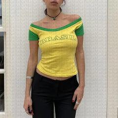 Lunivop Y2k Millennial Style One-Shoulder Letter Print Sexy Strapless Slim Short Sleeve T-Shirt Street Style Top For Women