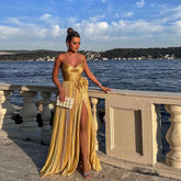 Lunivop Shiny Strapless Golden Flods Evening Dress With Slit Custom Made Pleated Prom Party Dress With Flower Ever Pretty Woman Clothes