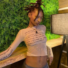 Lunivop Spring new cross-border women's clothing long-sleeved crew neck fashion printed slim-fit mesh top