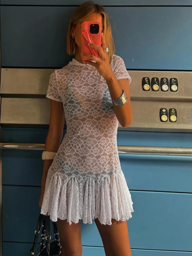 Lunivop Hooded See Through Lace Pleated Women Dress White Short Sleeve Mini Dress Female Autumn Skinny Elegant Beach Party Dress