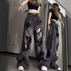 Lunivop Unique Cool Ripped Jeans Women's Summer Distressed American Style Bell Bottoms Loose Fit Versatile Straight Leg Long Pants
