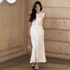 Lunivop Summer Elegant Lace Patchwork Casual Long Dress Women Solid O Neck Sleeveless Single Breasted Slim Lady Commute Street Robe