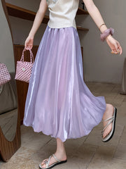 Lunivop Elegant Stain White Long Skirt Women High Waist Fashion Korean Sweet Skirts Casual Design Summer Gown Ball Long Skirts New