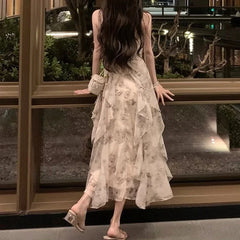 Lunivop Elegant Floral Chiffon Midi Dresses for Women Holiday Long Dress Sleeveless Vintage Dress Fairy Slim Party Casual