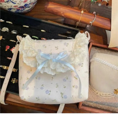 Lunivop Sweet Floral Canvas Messenger Bag Women Harajuku Aesthetic Bow Casual Crossbody Bags Female Fairycore Lace Y2k Bags Chic