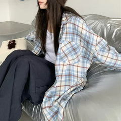 Lunivop Korean Retro Contrast Color Plaid Loose Long-sleeved Shirt Women 2024 Autumn New Polo Collar Multi-button Casual All-match Tops