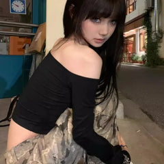 Lunivop Vintage Hollow Sexy Slim All Match Long-sleeved T-shirt Women 2024 Summer New Streetwear Strapless Casual Black Crop Tops