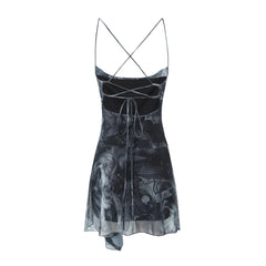 Lunivop Sexy Gray Black Tie-dye Print Irregular Mesh Sling Dress Women Corset Style Cross Lacing Up Bandage Back Backless Robe