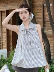 Lunivop Sweet Sleeveless Striped Shirts Women Loose Sweet Vintage Lace Up Blouse French Elegant Casual Summer Female All Match Tops