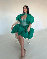 Lunivop Unique Green Puff Sleeves Organza Women Dress Sexy Fluffy Mini Cocktail Dresses Fashion Ruffles Mesh A Line Brithday Party Gown
