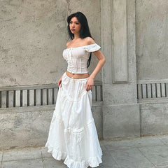 Lunivop Y2K Off The Shoulder Ruched Crop Top Long Skirt Women'S Sets Summer Casual Elegant Ladies 2024 Korean Popular Clothes