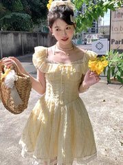 Lunivop Sweet Sexy Slim Yellow Dress Women Fashion Lace Patchwork Cute Mini Dress Chic Square Collar Puffy Sleeve Elegant Vestidos