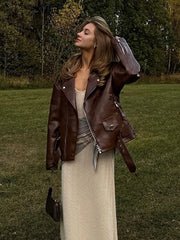 Lunivop Casual Zipper PU Leather Short Jackets Women Vintage Loose Lapel Long Sleeved Jacket Female Autumn Solid Chic Moto Biker Tops